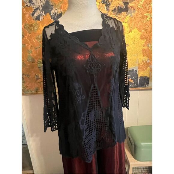Pretty Angel Linen And Lace Black Semi Sheer Topper L - Picture 1 of 5